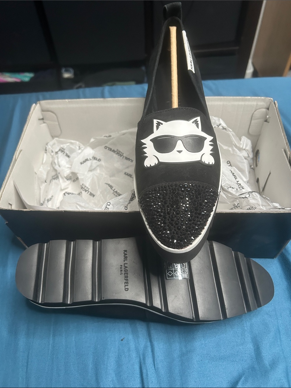Karl Lagerfeld Black Slip-On Sneaker with White Cat Logo and Black Crystal Toe